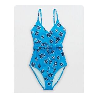 Aerie Aquamarine Floral Wrap Swimsuit